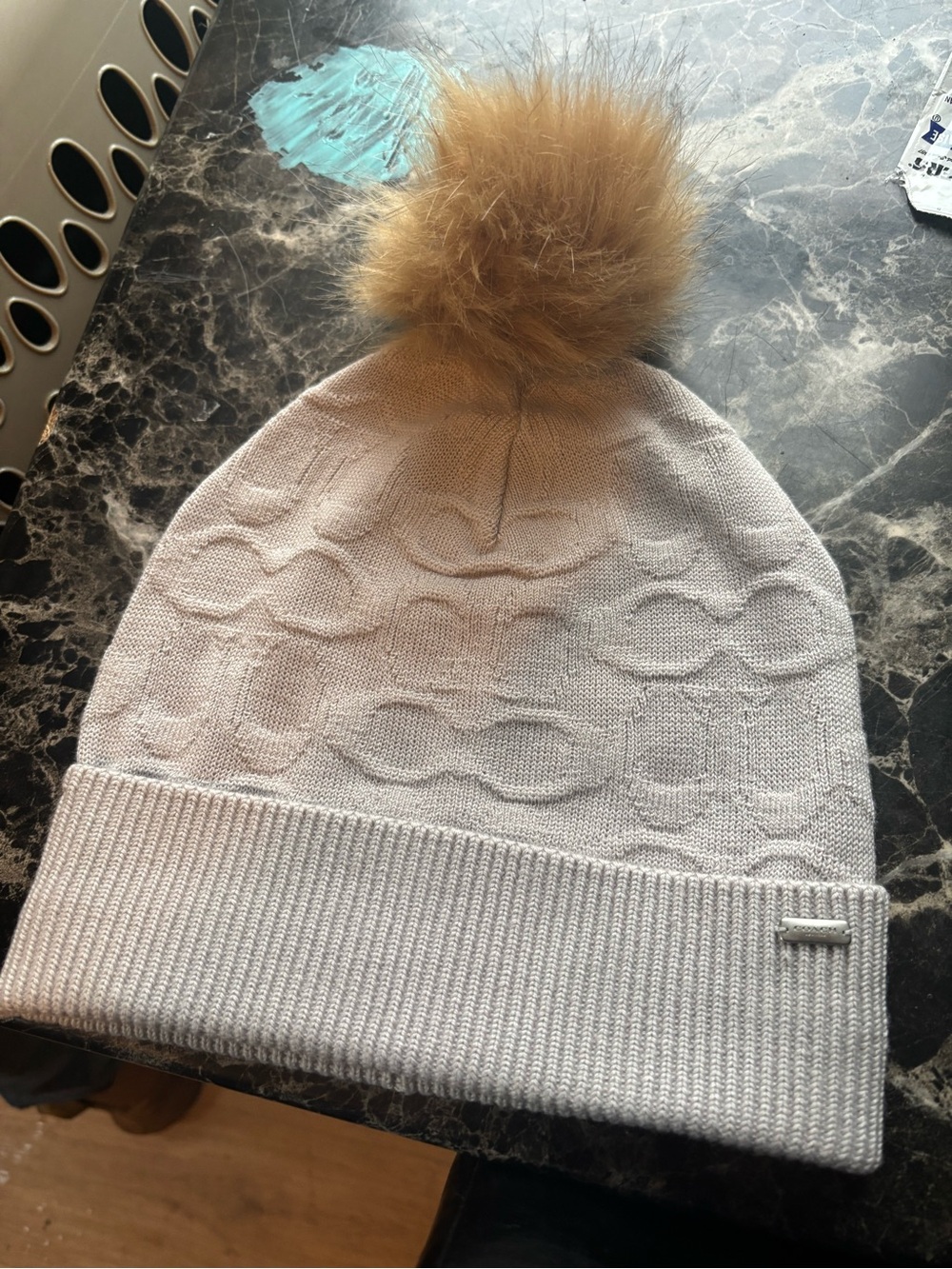 Coach Cream Cable-Knit Beanie with Brown Faux-Fur Pom